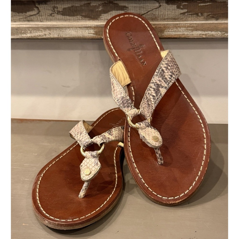 Cole Haan Women's 8.5B Brown Leather‎ Snakeskin Embossed Thong Sandals Gold Ring